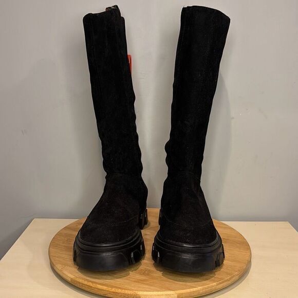 Farm Rio Women's Knee High Vegan Suede Round Toe Tall Lug Boots Black Size 8 NWT - Picture 5 of 12